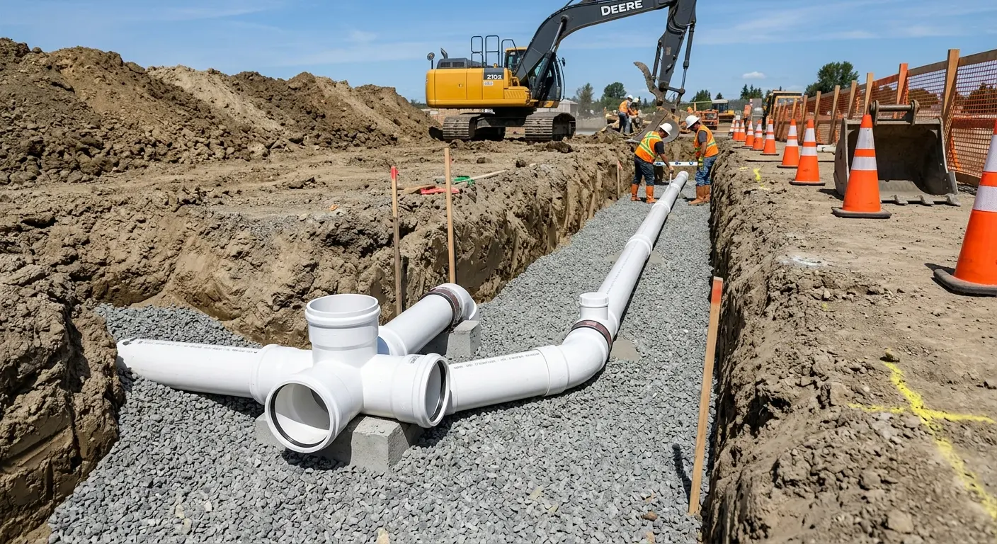 New PVC sewer pipe installation in open trench for Grease Trap Cleaning in Bullskin